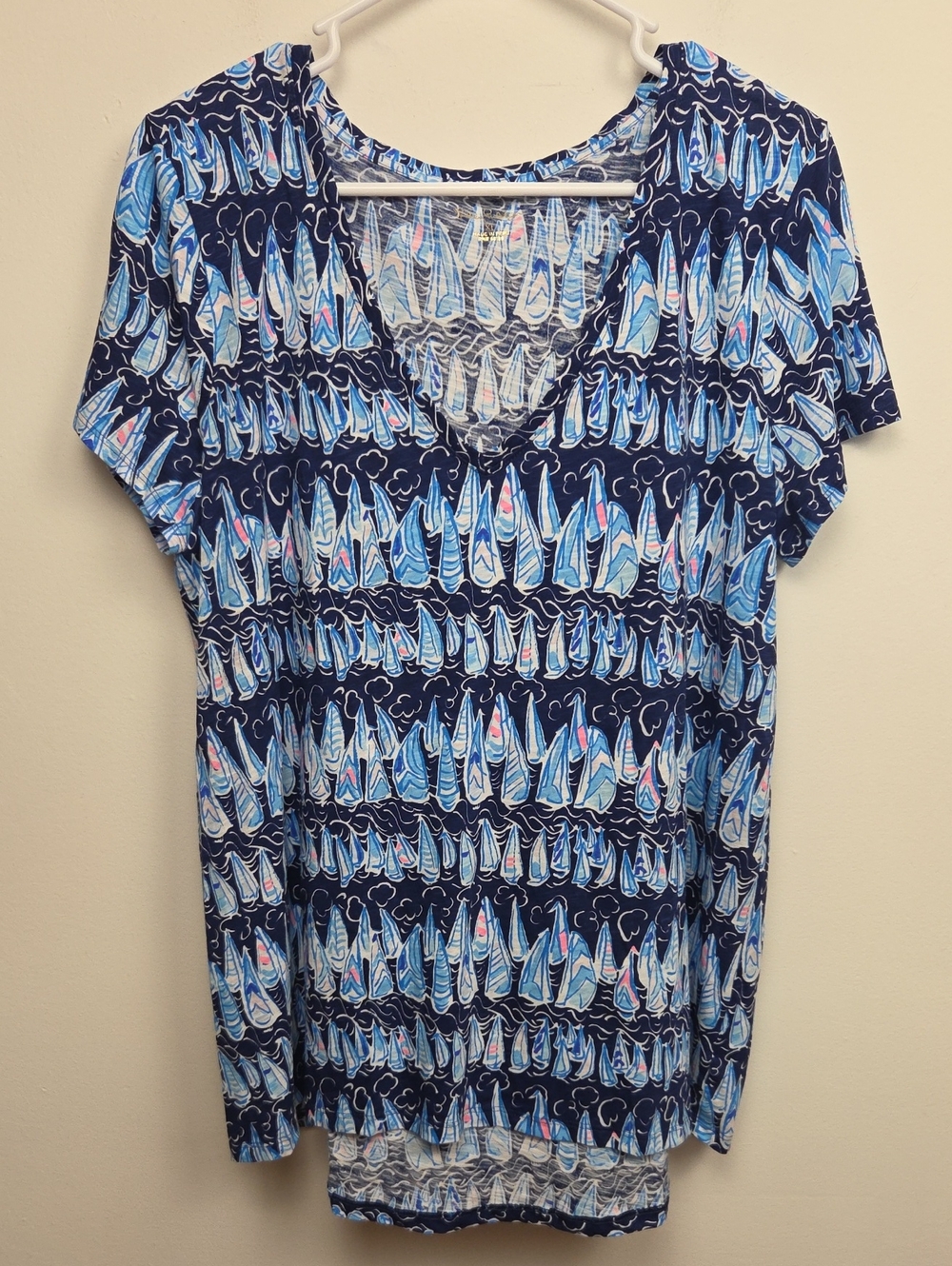 Lilly Pulitzer Navy Blue Sails Stipes V-Neck Etta T-Shirt Casual Top Coastal XL